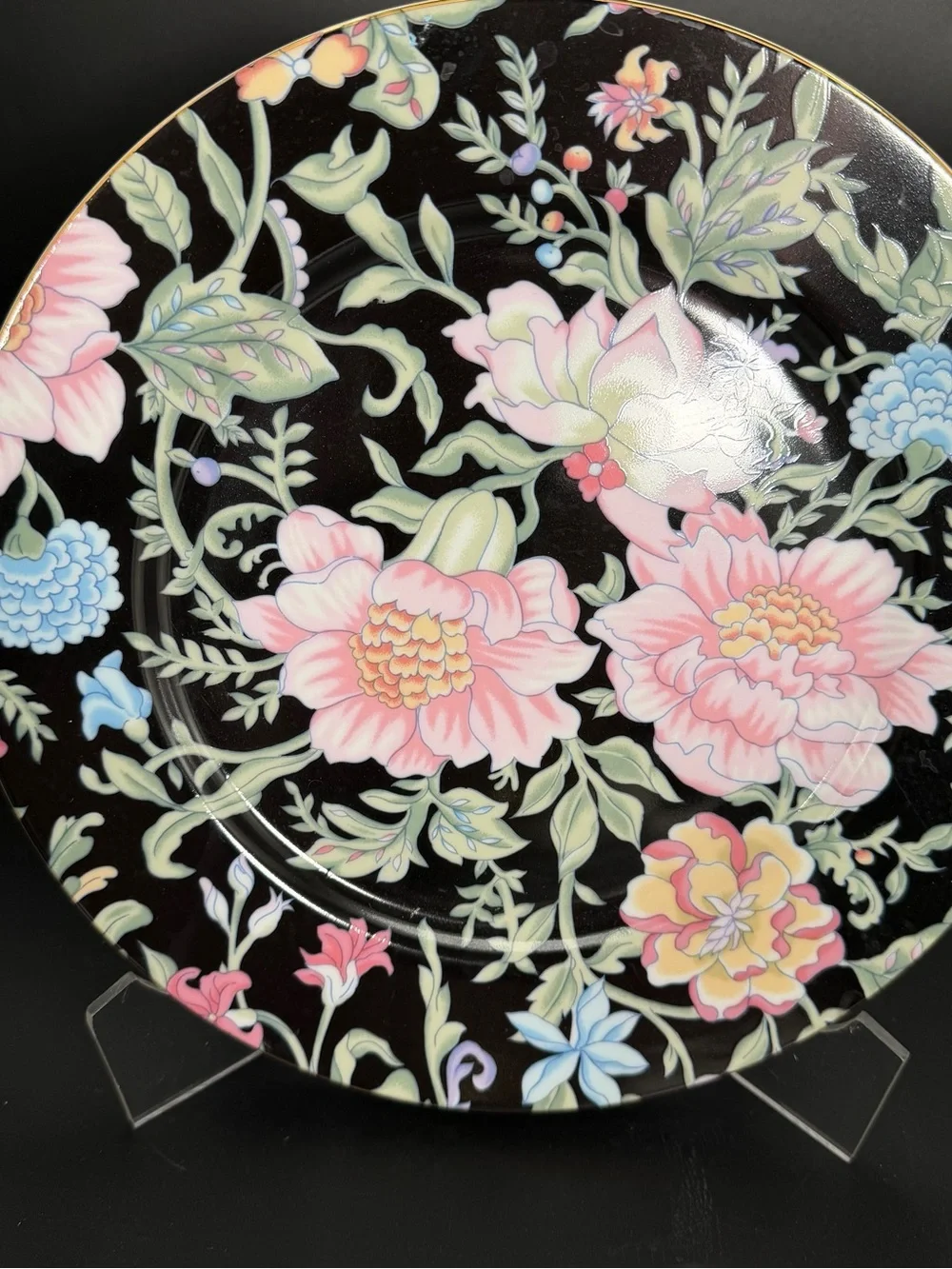 Bloomingdale’s Garden Pleasures Dinner Plates 10.25” Floral Black Gold Set of 4